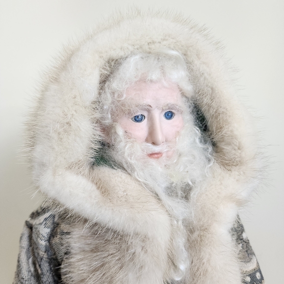 Vintage 24" Ceramic Father Christmas on Wooden Base Tapestry Fur Trim Coat Santa - Picture 8 of 9